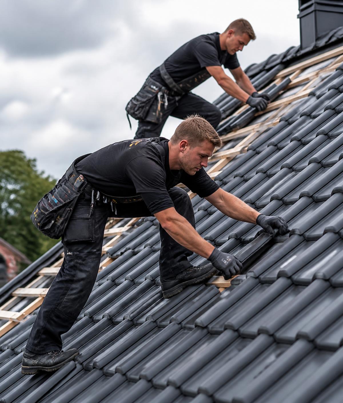 Dachdecker der Bedachungen Brüggen bei der Arbeit auf einem Steildach